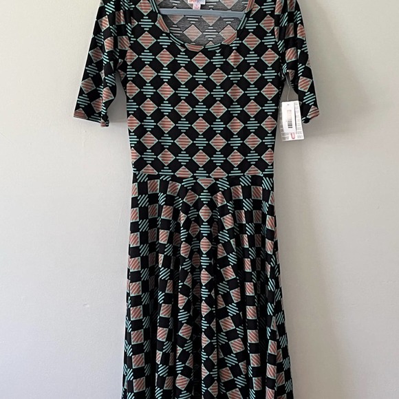 LuLaRoe NWT Black Mint Green Orange Geometric Print Dress Small - Picture 2 of 11